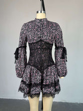 Sweet Fresh Print Waist Long Sleeve Short Lace Dress