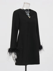 Fashion V Neck Long Sleeve Feather Mini Loose Dress