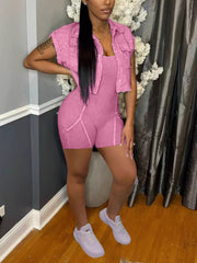 Casual Pocket Patchwork Lapel Romper Two Pieces Set