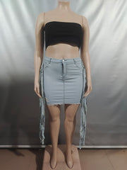Sexy Denim Washed Ripped Tassel Skirt