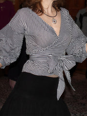 Casual Plaid Patchwork Strap Design V Neck Shirt