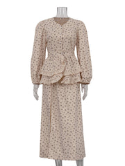 Elegant V-neck Print Waist Ruffle High Split Maxi Dress