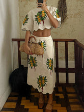 Elegant Print Ruched Crop Tops And Long Skirt Sets