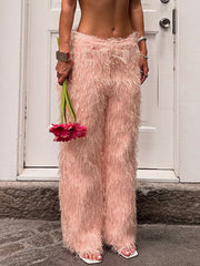 Casual Fluffy Mid Waist Straight Trousers