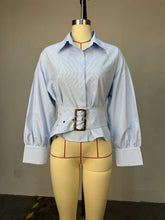 Elegant Long Sleeve Striped Belted Shirt