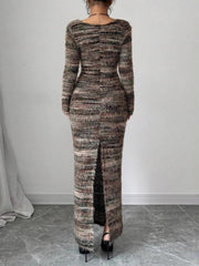 Fashion Colorblock Striped Bodycon Split Hem Maxi Dress