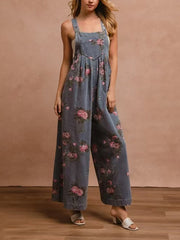 Print Pocket Casual Denim Overalls