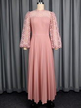 Elegant Lace Lantern Sleeve Hollow Out Pleated Dress