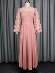 Elegant Lace Lantern Sleeve Hollow Out Pleated Dress