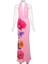 Sexy Deep V Halter Flower Print Slim Maxi Dress