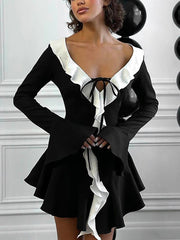 Fashion Ruffle V-Neck Lace-up Mini Dress