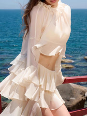 Elegant Ruffle Cropped Shirt Stack Skirt Sets