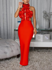 Elegant Floral Hollow-Out Bandage Maxi Dress