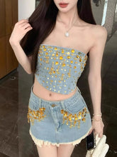 Sexy Rhinestone Strapless Top Denim Skirt Sets