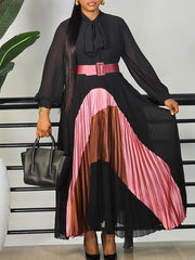 Fashion Color Block Bow Tie Neck A-line Pleated Dress