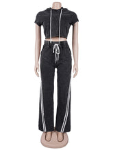 Casual Wash Cropped Hooded T Shirt and Pants Set