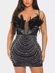 Sexy Spaghetti Strap Rhinestone Feather Mini Dress