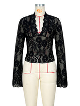 Sexy Bell Sleeve Lace V-Neck Sheer Mesh Crop Tops