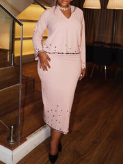 Elegant V Neck Rhinestone Slim Slit Skirt Two-piece Set