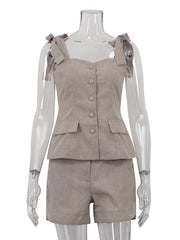 Bow-tied Strap Vest Shorts Casual Two Piece Set