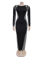 Sexy Rhinestone Bodycon Mesh Long Sleeve Maxi Dress