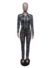 Sexy Print Mesh Sheer Top Elastic Pants Two Piece Set