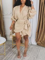 Solid Color Patchwork Ruched Strap V Neck Wrapped Dress