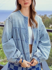 Casual Round Collar Loose Smocked Crop Denim Jacket