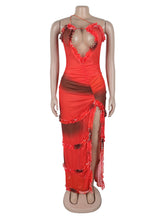 Stylish Print Ruffle High Split Spaghetti Strap Dress