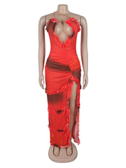 Stylish Print Ruffle High Split Spaghetti Strap Dress