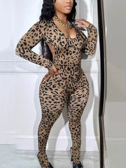 Sexy Leopard Print Lace-up Backless Jumpsuit