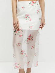 Fashion Sheer Mesh Floral Print Maxi Skirt