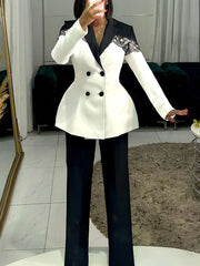 Elegant Lace Patchwork Slim Blazer And Pants Suit