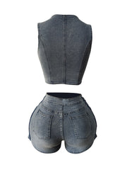 Fashion Elastic Denim Vest and Shorts Set