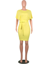 Solid Color Short Sleeve O Neck Belt Bodycon Dress