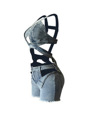 Fashion Hollow Out Bandage Denim Vest And Shorts Sets