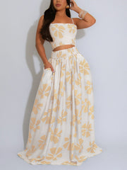 Casual Print Strap Top Swinging Skirt Two Piece Set