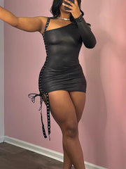 Sexy Faux Leather One Sleeve Micro Mini Dress