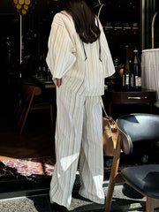 Casual Stripe Loose Shirt Straight Trousers Set