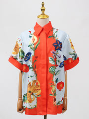 Print Short Sleeve Shirt Wide Leg Pants Casual Set