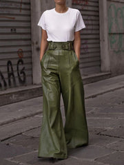 Casual PU Patchwork Loose High Waist Wide Leg Pants