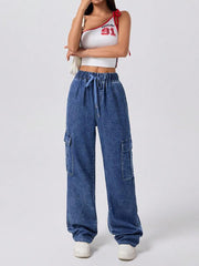 Retro Elastic Waist Loose Straight Cargo Jeans