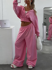 Cropped Hooded Sweatshirt Wide Leg Pant Tracksuit Set