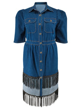 Plus-Size Two-Tone Fringe Lapel Denim Dress