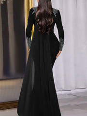 Elegant Rhinestone O Neck Slit Maxi Dress