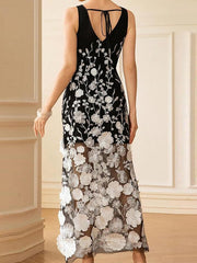 Fashion V Neck Embroidered Floral Patchwork Maxi Dress