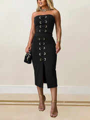 Sexy Lace-Up Tube Fitted Split Hem Skirt Sets