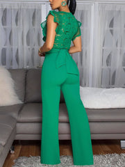 Elegant V Neck Lace Patchwork Slim Jumpsuit