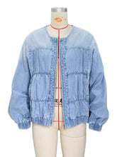 Casual Round Collar Loose Smocked Crop Denim Jacket