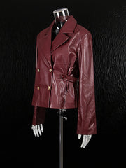 Fashion Lapel Slim Double Breasted PU Leather Jacket